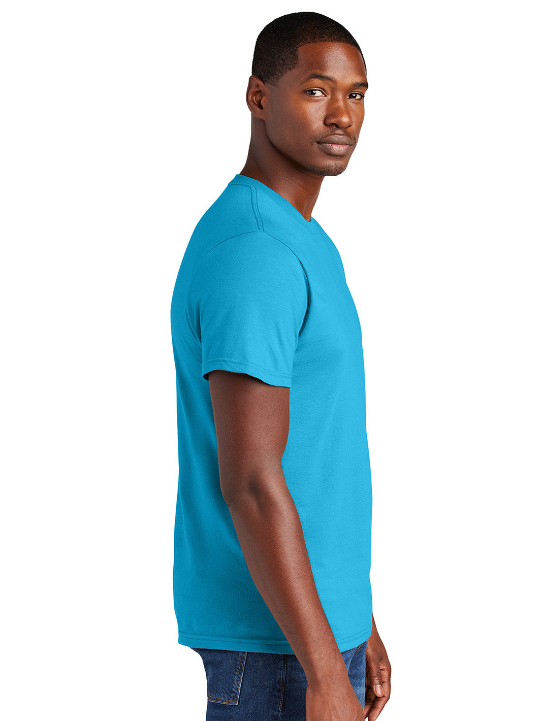 Side view of the District Very Important Tee in blue, showcasing its tailored fit and lightweight fabric. Ideal for customization with logos or designs.