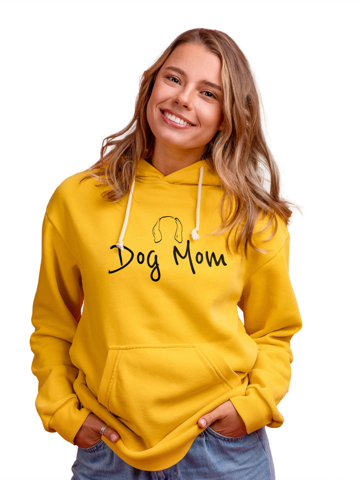 Customizable Dog Mom hoodie in yellow with a unique dog ear design. Soft and stylish sweatshirt with 8 ear style options for dog lovers.