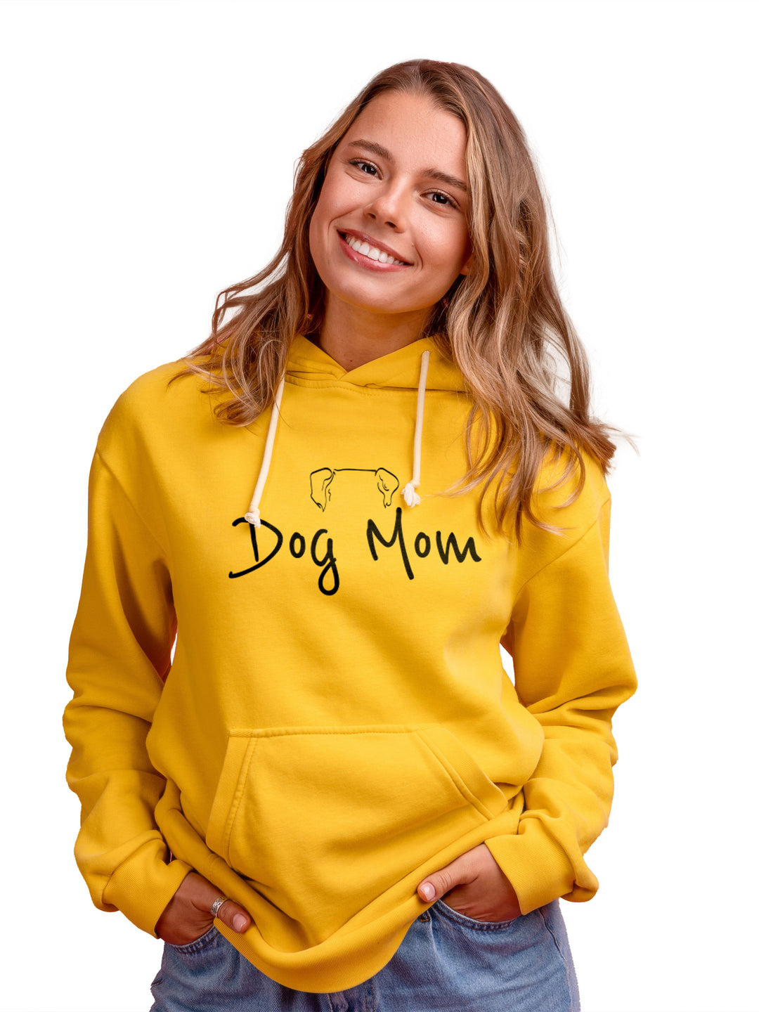 Personalized Dog Mom hoodie in yellow with a customizable dog ear illustration. Choose from 8 ear styles for a unique and cozy pet lover sweatshirt.