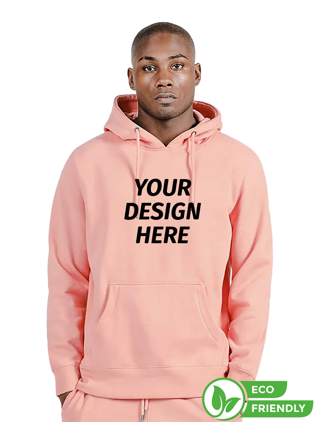 Custom Original Favorites Heavyweight Hoodie in pink with 'Your Design Here' text, made from organic cotton. Personalize with your logo, eco-friendly option.