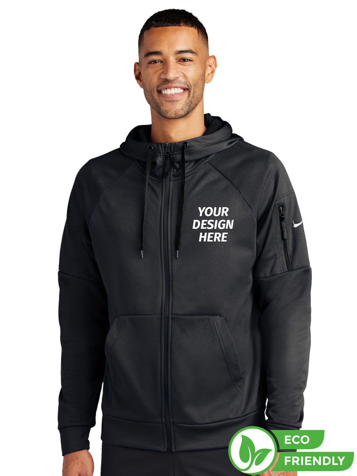 Custom Nike Therma-FIT zip-up hoodie in black with eco-friendly design option. Features sleeve pocket, full-zip closure, and customizable logo placement.