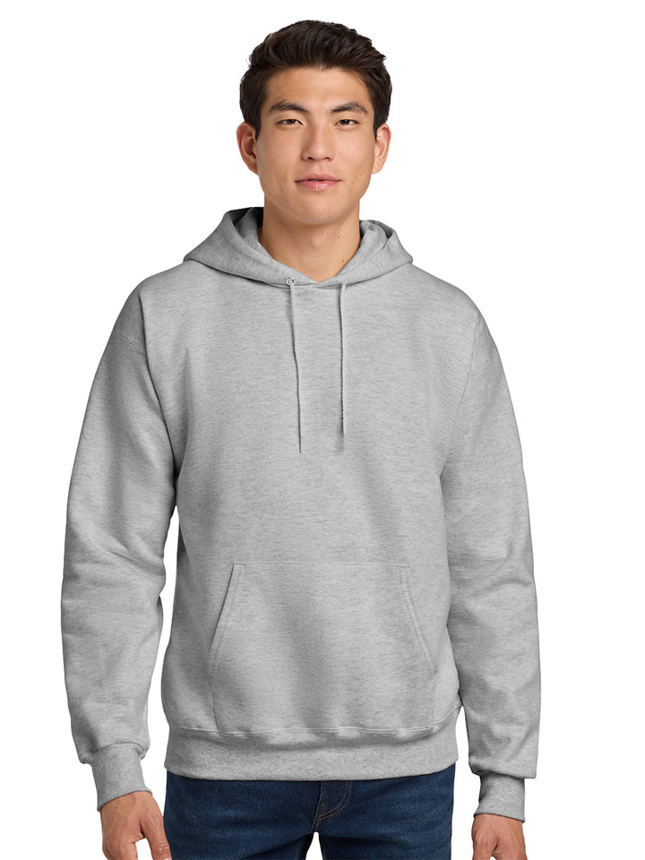 Hanes Ultimate Cotton Pullover Hoodie in light gray, featuring a soft fleece interior and a relaxed fit. Perfect for custom printing or embroidery.