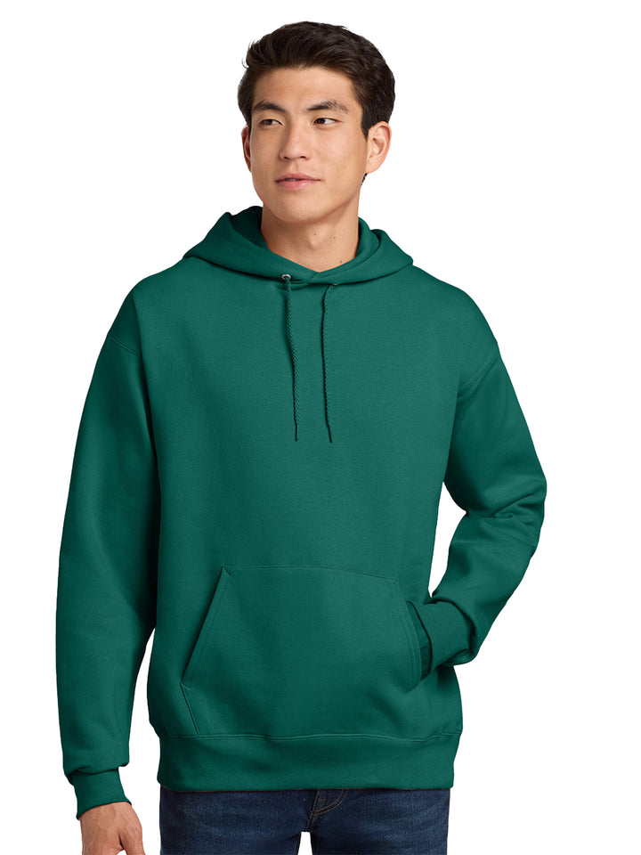 Hanes Ultimate Cotton Pullover Hoodie in green, featuring a front pocket and adjustable hood. Great for personalized embroidery or bulk orders.