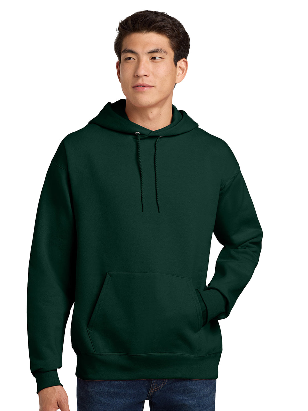 Hanes Ultimate Cotton Pullover Hoodie in dark green, made from heavyweight fleece for warmth. Perfect for personalization or everyday comfort.