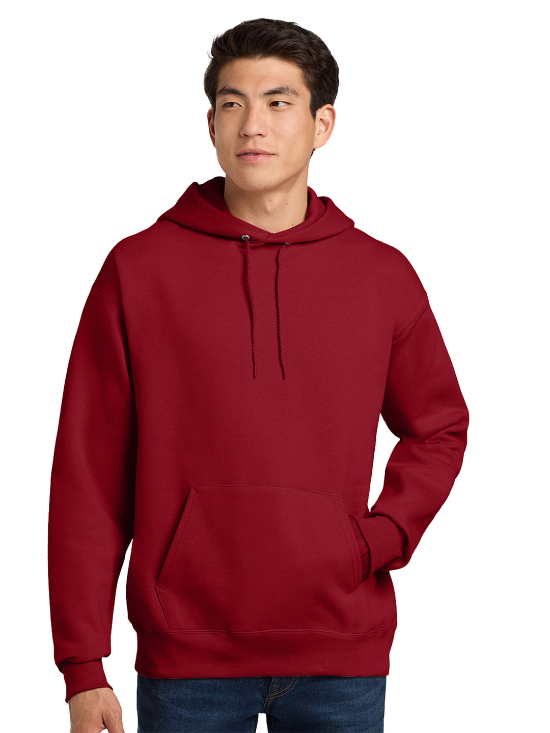 Hanes Ultimate Cotton Pullover Hoodie in deep red, a classic pullover with a soft fleece interior. Ideal for custom embroidery or casual wear.