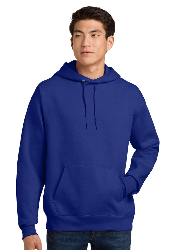 Hanes Ultimate Cotton Pullover Hoodie in royal blue, featuring a front pocket and drawstring hood. Great for team apparel, custom printing, or everyday wear.