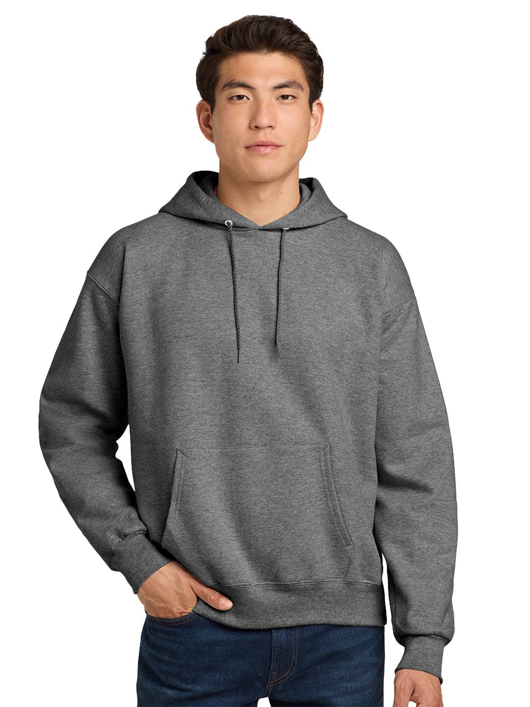 Hanes Ultimate Cotton Pullover Hoodie in dark gray, offering a warm and relaxed fit. Ideal for custom embroidery, bulk orders, or casual layering.