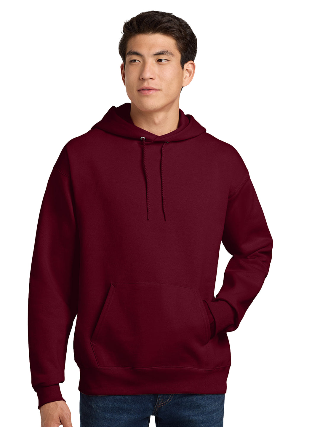 Hanes Ultimate Cotton Pullover Hoodie in maroon, made from heavyweight fleece for comfort. A great choice for custom embroidery or group apparel.