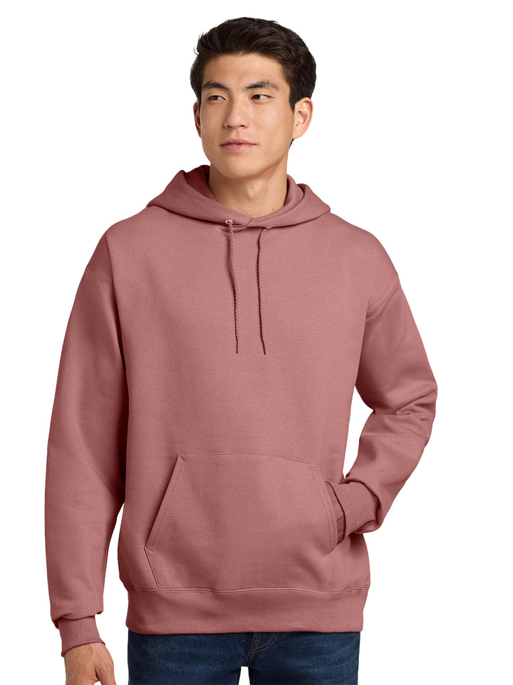 Hanes Ultimate Cotton Pullover Hoodie in dusty rose, featuring a soft fleece interior and adjustable hood. Perfect for custom embroidery or casual wear.