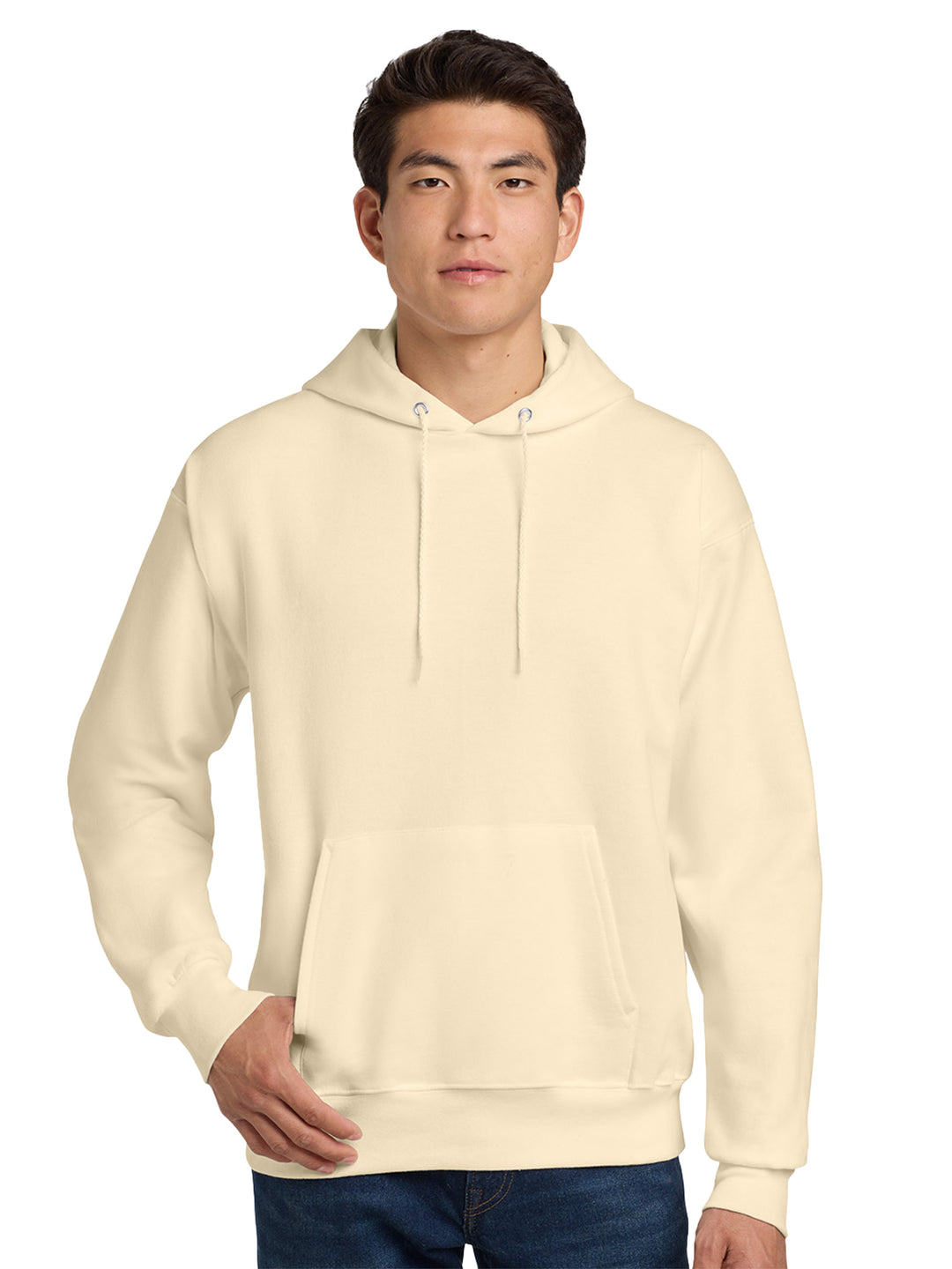 Hanes Ultimate Cotton Pullover Hoodie in cream, featuring a soft fleece lining and adjustable hood. Perfect for personalization or casual wear.