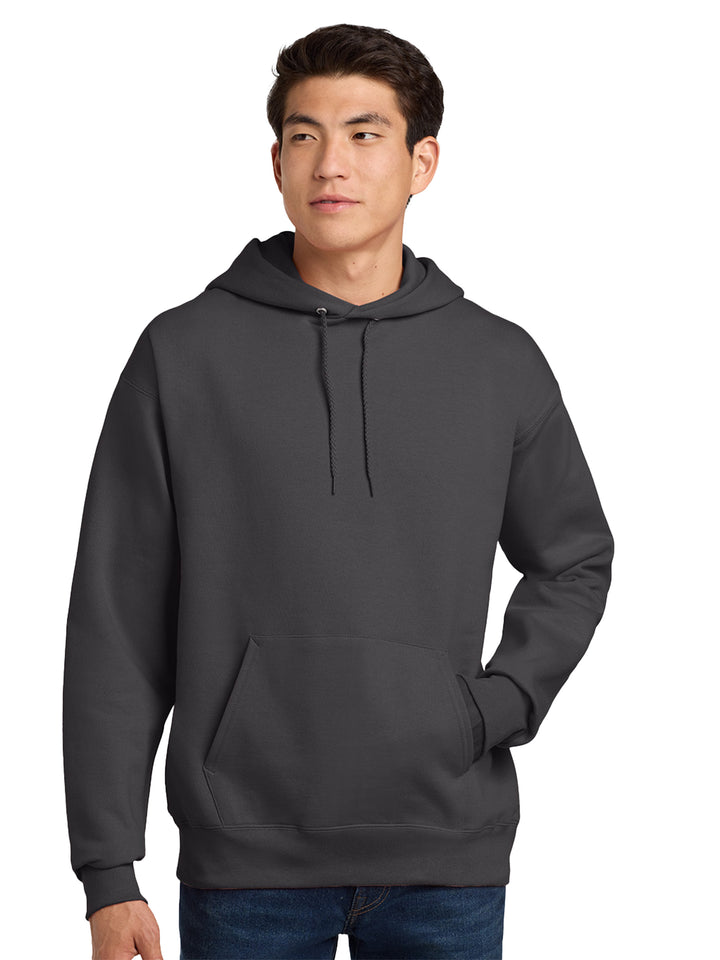 Hanes Ultimate Cotton Pullover Hoodie in dark gray, featuring a relaxed fit and front pocket. Great for custom designs, bulk orders, or casual wear.