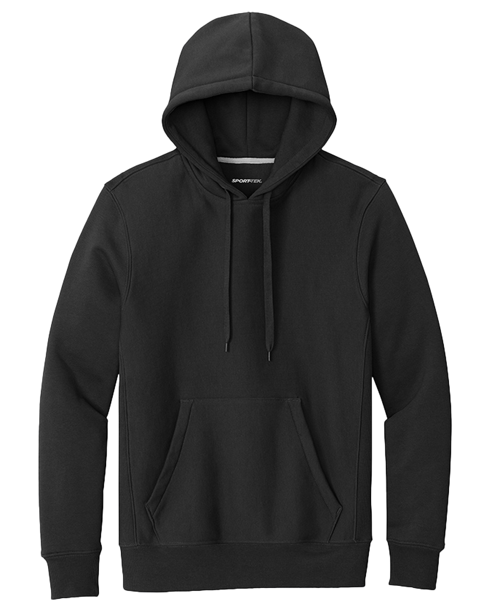 Sport-Tek Super Heavyweight Hoodie in black with a front pouch pocket and adjustable drawstring hood. Durable and warm for casual or athletic wear.