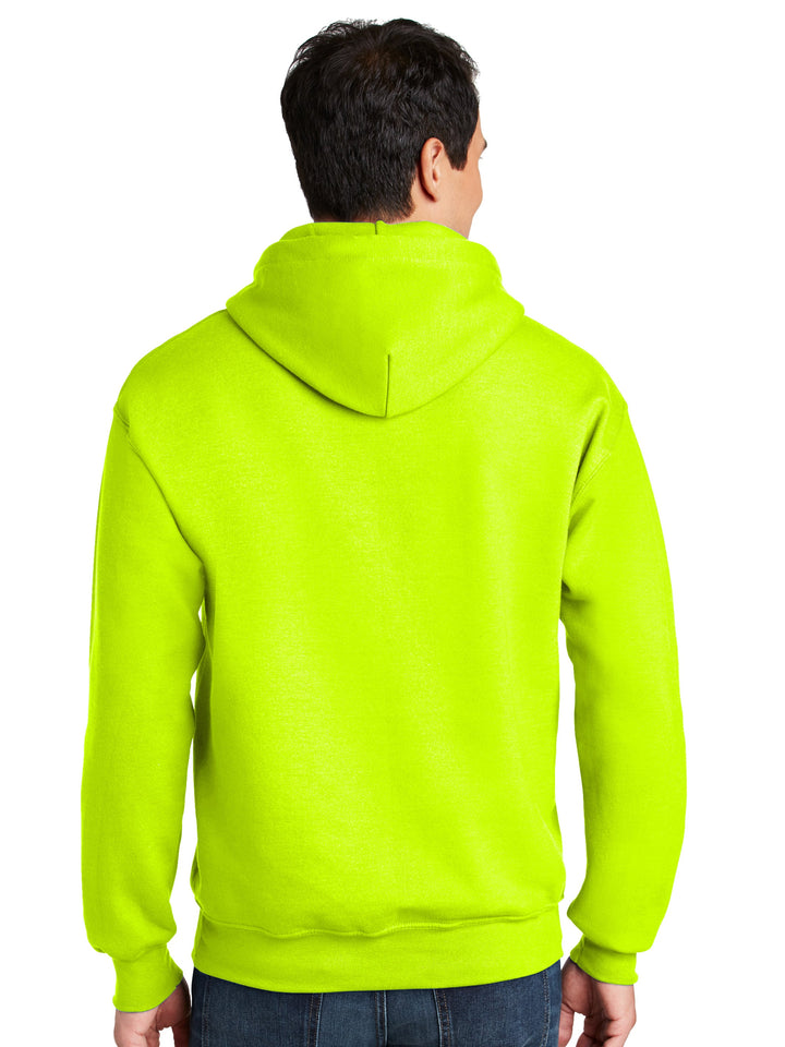 Back view of the Gildan DryBlend Hoodie in safety green, highlighting its durable fabric and comfortable hood. Great for layering and personalizing with logos or designs.