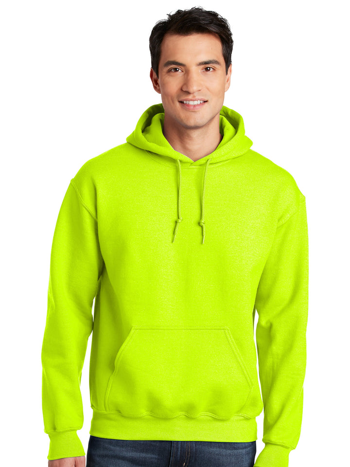 Gildan DryBlend Hoodie in safety green, featuring a classic pullover design with a front pocket and adjustable drawstring hood. Ideal for customization and team apparel.