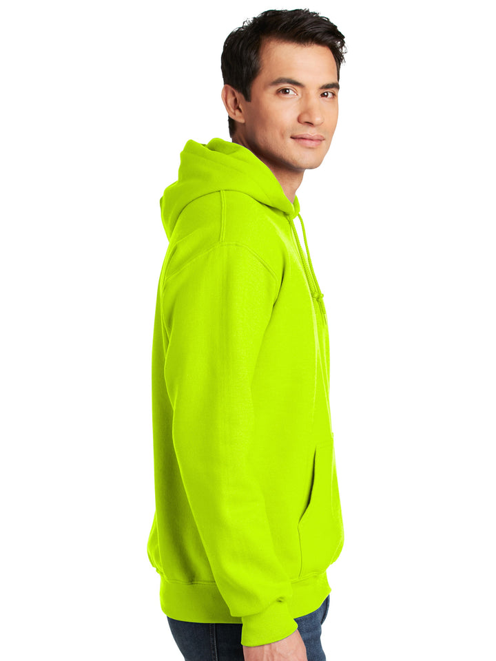 Side view of the Gildan DryBlend Hoodie in safety green, showcasing its relaxed fit, ribbed cuffs, and moisture-wicking fabric. Perfect for casual wear and customization.