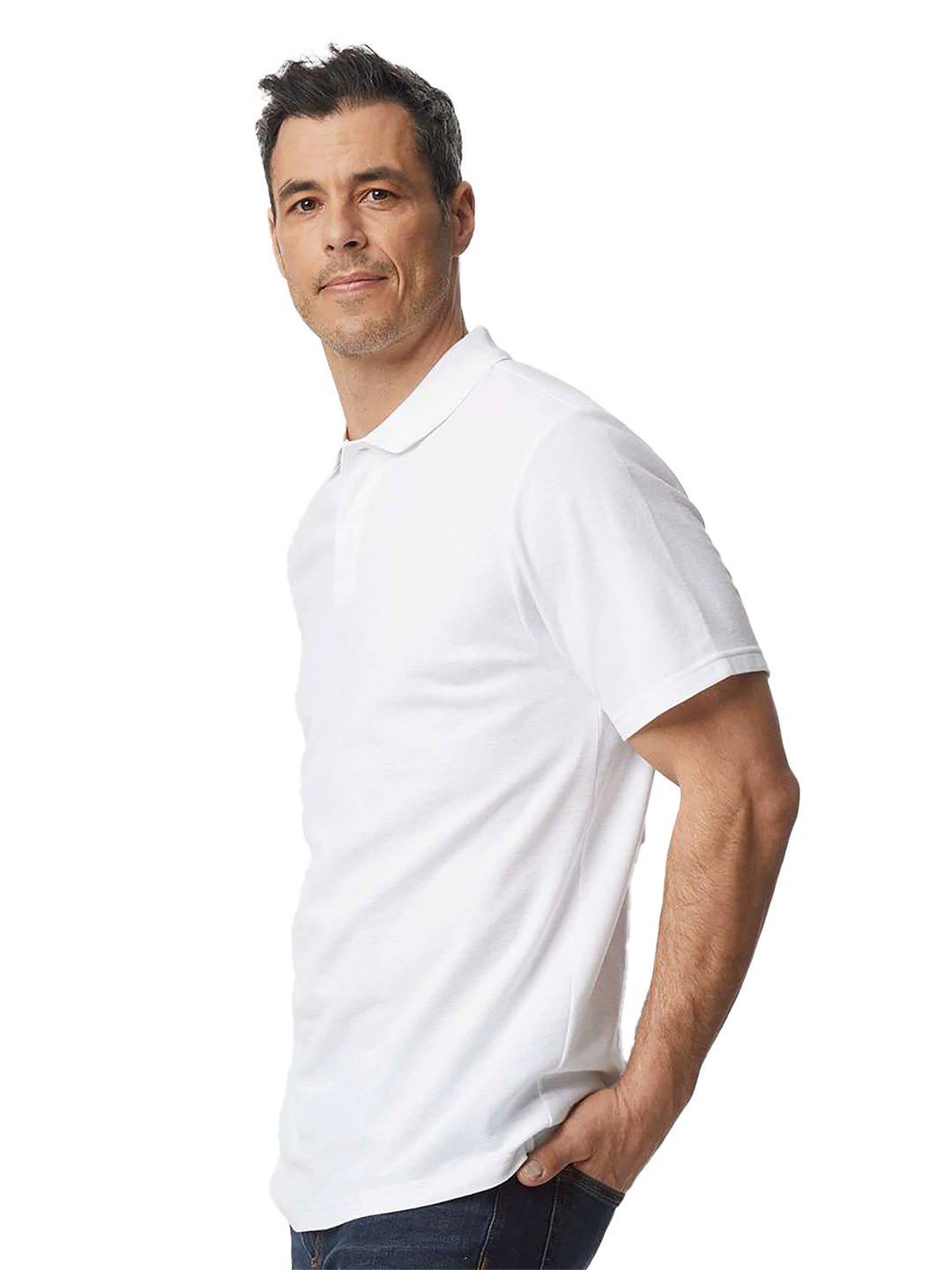 Side view of Gildan Softstyle Adult Pique Polo in white