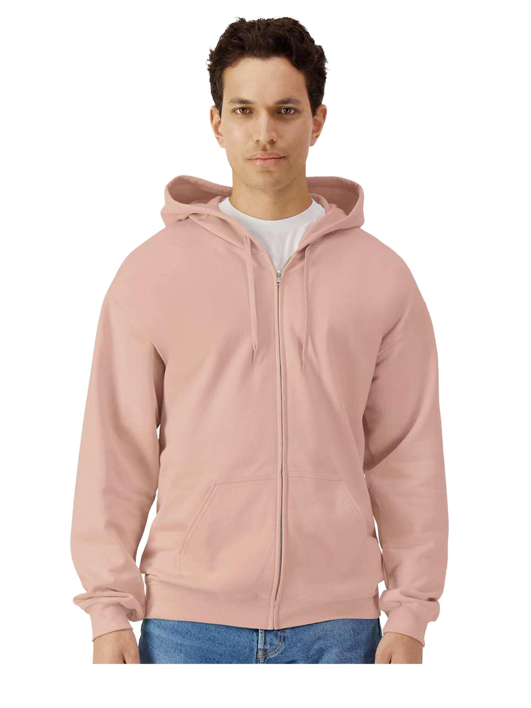 Gildan Softstyle Full Zip Hooded Sweatshirt in soft pink, featuring a zip-up front and adjustable hood. A trendy choice for personalized gifts and bulk orders.