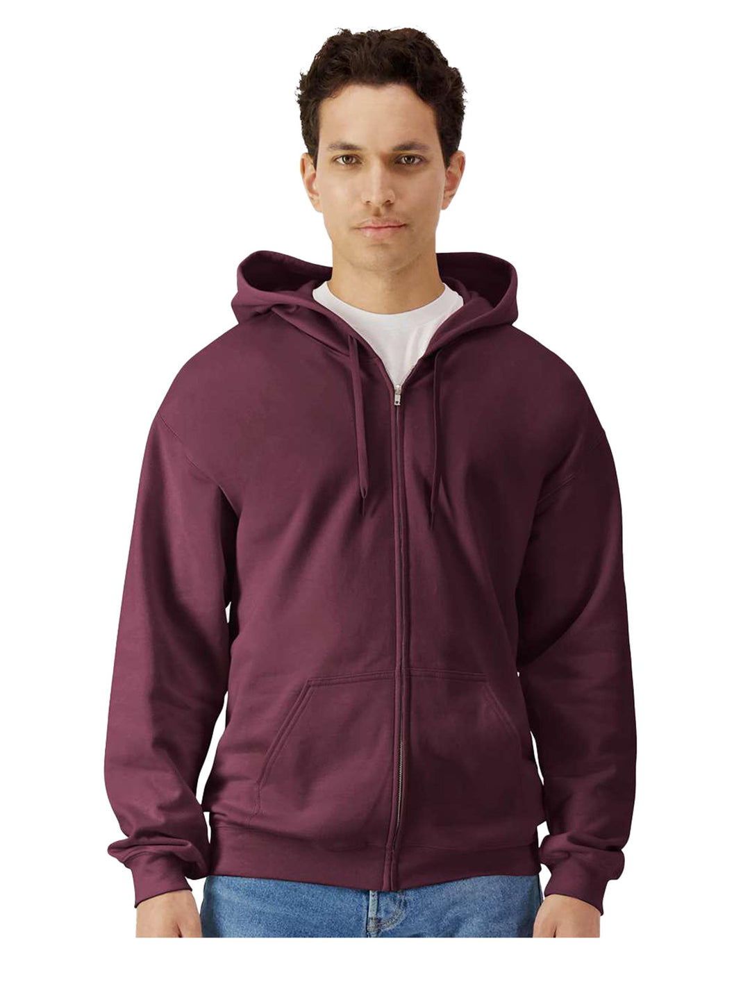 Gildan Softstyle Full Zip Hooded Sweatshirt in maroon, designed with a relaxed fit and fleece lining. Ideal for custom embroidery and group orders.