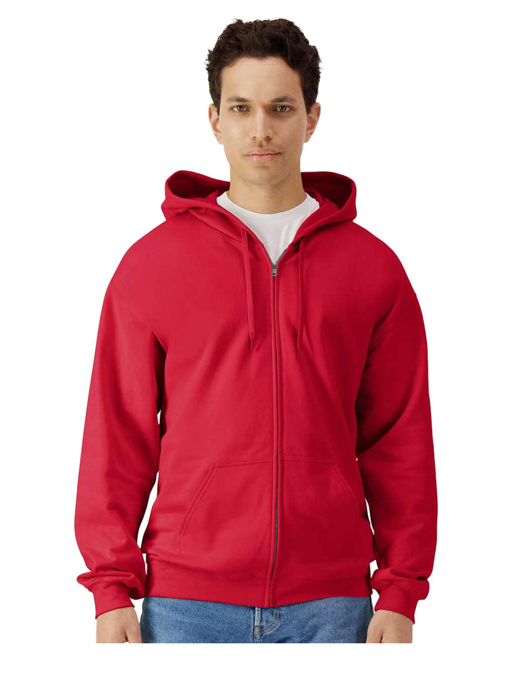 Gildan Softstyle Full Zip Hooded Sweatshirt in vibrant red, featuring a classic zip-up design. Perfect for sports teams, events, and custom branding.