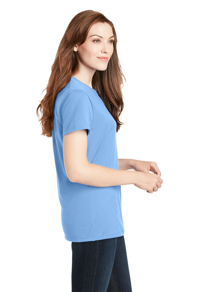 Side view of the Hanes Ladies Perfect-T Cotton T-Shirt in light blue, highlighting its flattering fit and breathable cotton material for all-day wear.