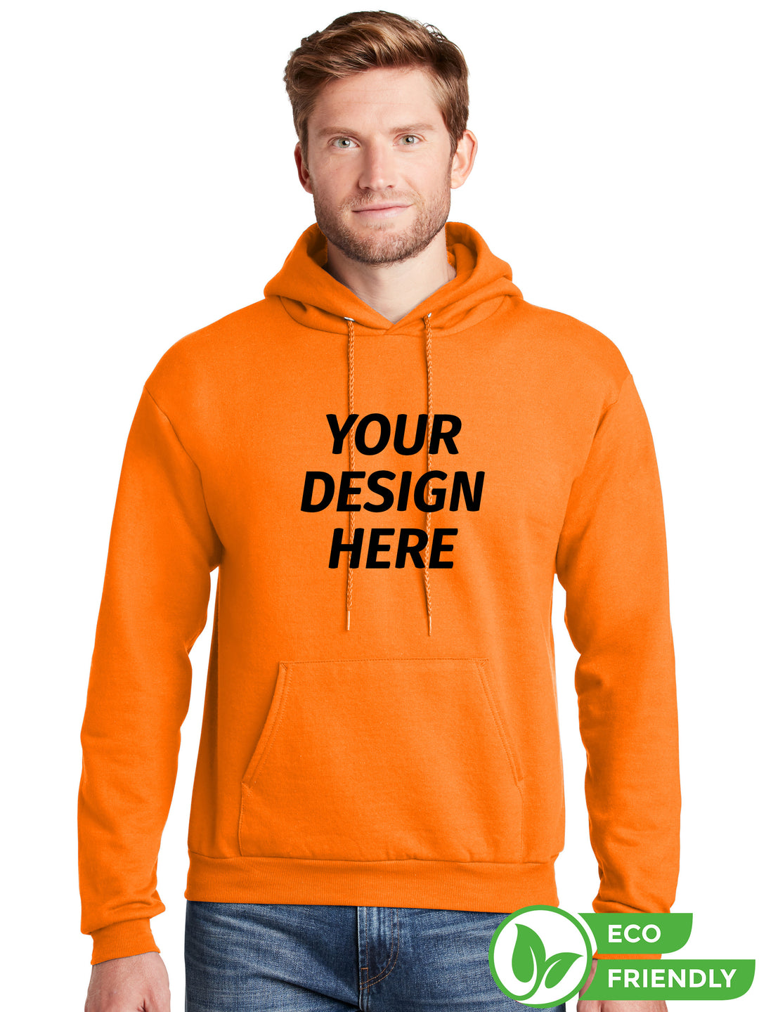 Custom Hanes EcoSmart Pullover Hooded Sweatshirt in bright orange with 'Your Design Here' text. Eco-friendly, soft fleece hoodie for personalization.