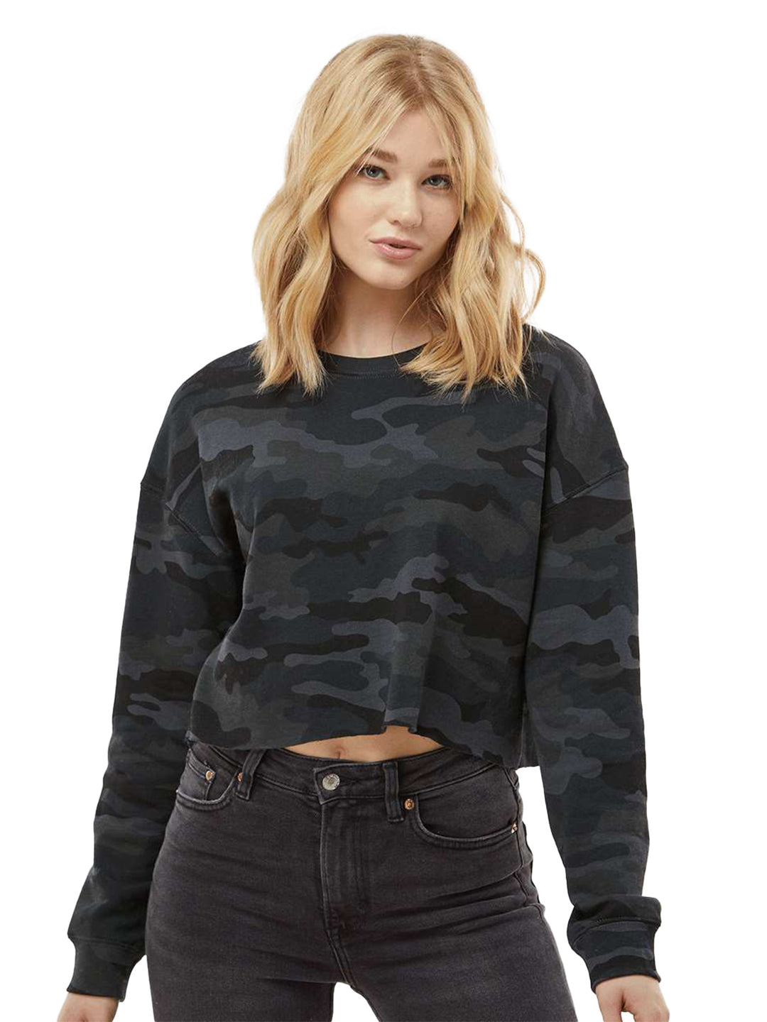Independent Trading Co. Women's Lightweight Crop Crewneck in black camo, featuring a trendy cropped fit and soft fabric for everyday wear.