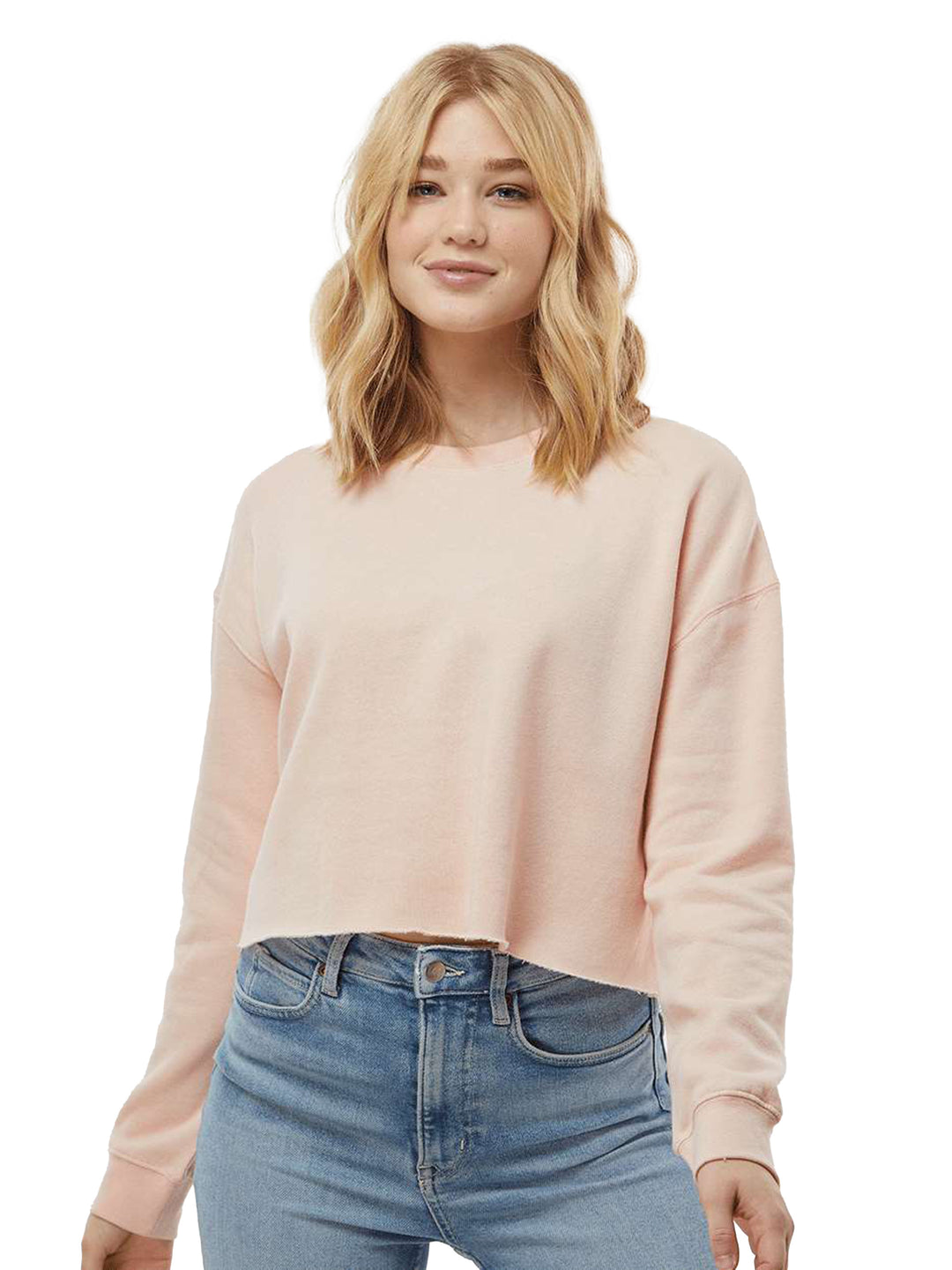 Independent Trading Co. Women's Lightweight Crop Crewneck in blush pink, designed with a raw hem and soft fabric for a comfortable fit.