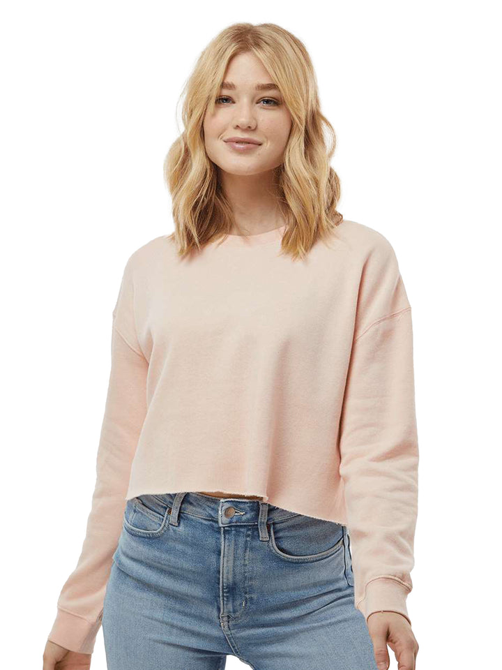 Independent Trading Co. Women's Lightweight Crop Crewneck in blush pink, designed with a raw hem and soft fabric for a comfortable fit.