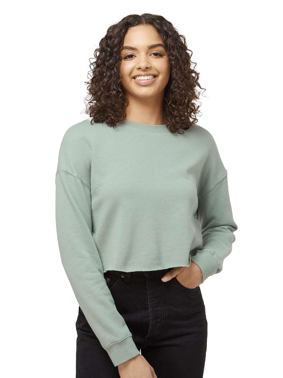 Independent Trading Co. Women's Lightweight Crop Crewneck in sage green, offering a relaxed fit and stylish cropped design for casual outfits.