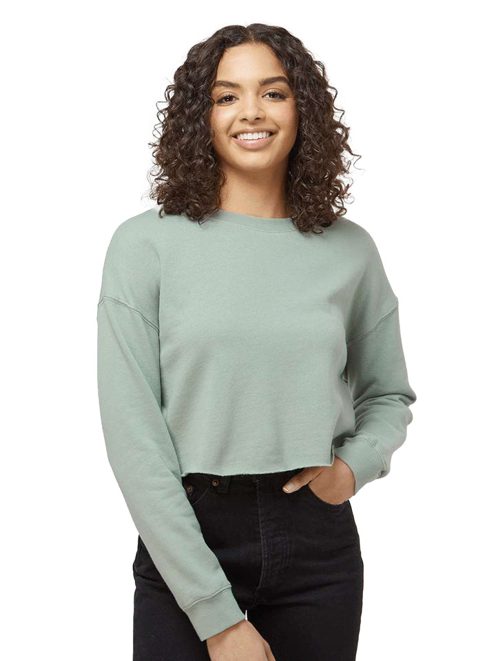 Independent Trading Co. Women's Lightweight Crop Crewneck in sage green, offering a relaxed fit and stylish cropped design for casual outfits.