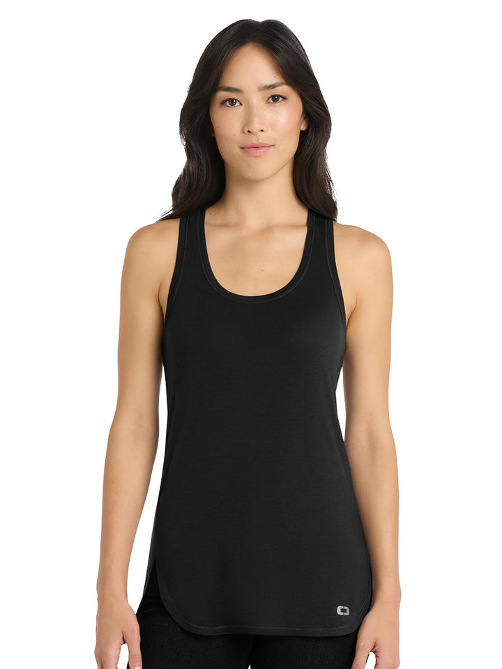 Front view of OGIO Women’s Luuma Tank in black, featuring scoop neckline and athletic cut. Perfect for custom logo printing or gym wear.