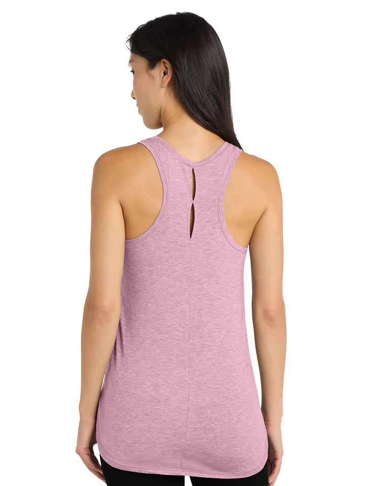 Back view of OGIO Women’s Luuma Tank in pink showing keyhole racerback design. Lightweight and breathable for exercise or everyday wear.