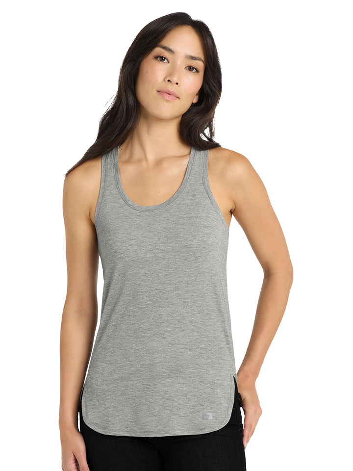 OGIO Women’s Luuma Tank in heather gray with a flattering fit and scoop neck. Ideal for custom embroidery or promotional apparel.