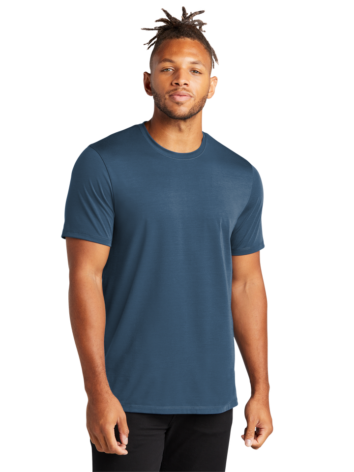 Mercer+Mettle Stretch Jersey Crew MM1016 in blue, featuring a soft, flexible fabric with a classic crew neck and short sleeves for a modern fit.