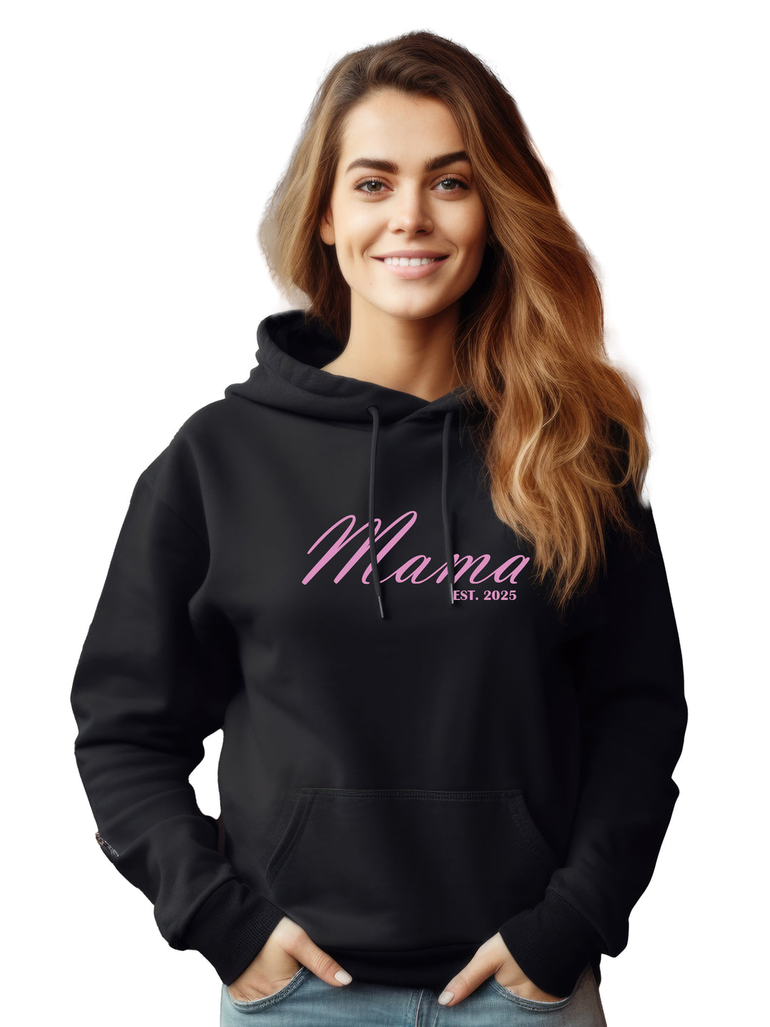 Custom black Mama hoodie with pink embroidered text 'Mama Est. 2025'. Cozy and stylish sweatshirt for moms, available in multiple colors.