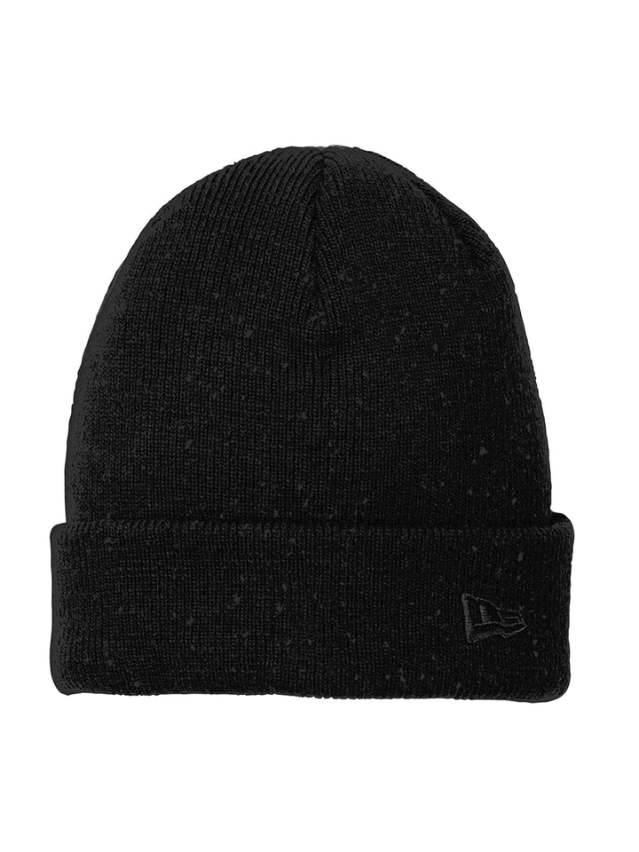 Black New Era Speckled Beanie featuring a speckled knit pattern and subtle embroidered logo. A stylish and warm winter essential.