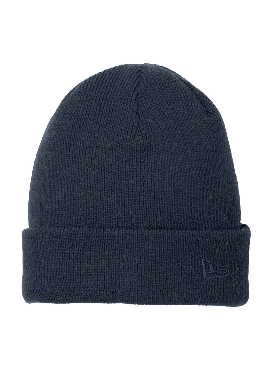 Navy New Era Speckled Beanie with a speckled knit texture and embroidered logo. Customizable design for a trendy winter look.