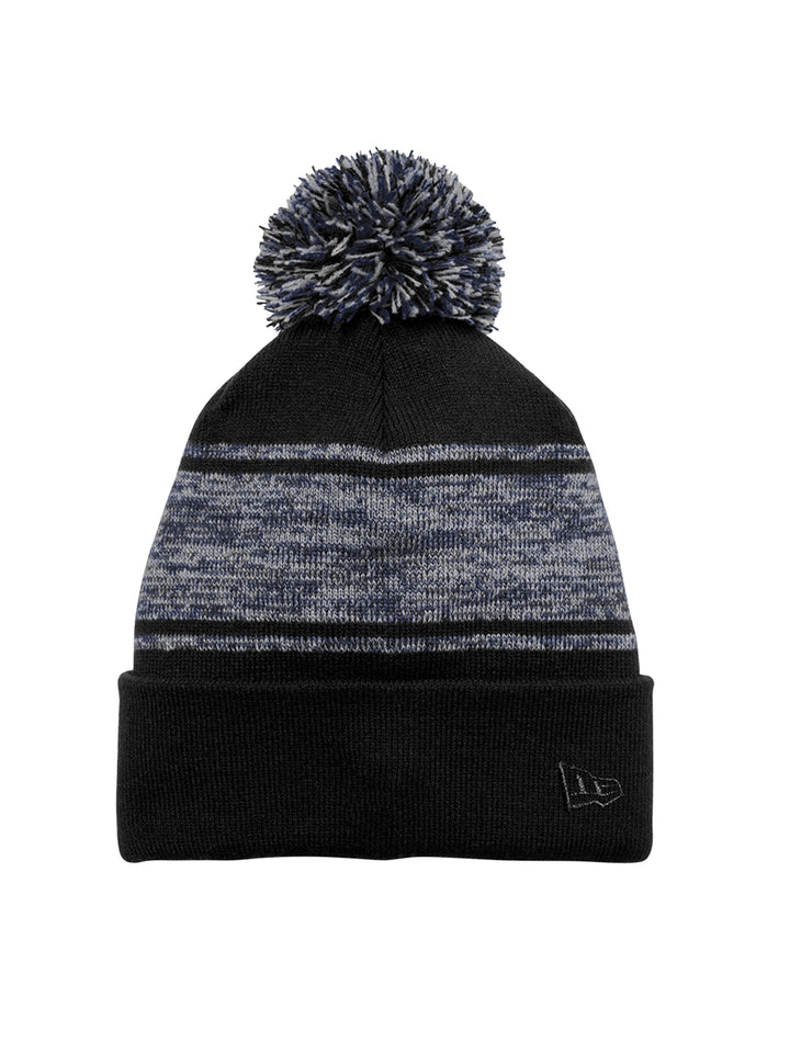 Custom New Era® Pom Beanie NE909 in black and navy with a soft knit design, stylish pom, and fold-over cuff. Perfect for warmth and personalization.