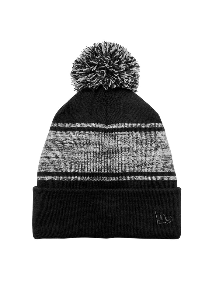 New Era® Pom Beanie NE909 in black and gray, featuring a cozy knit fabric, playful pom, and fold-over cuff. Ideal for custom embroidery and winter wear.