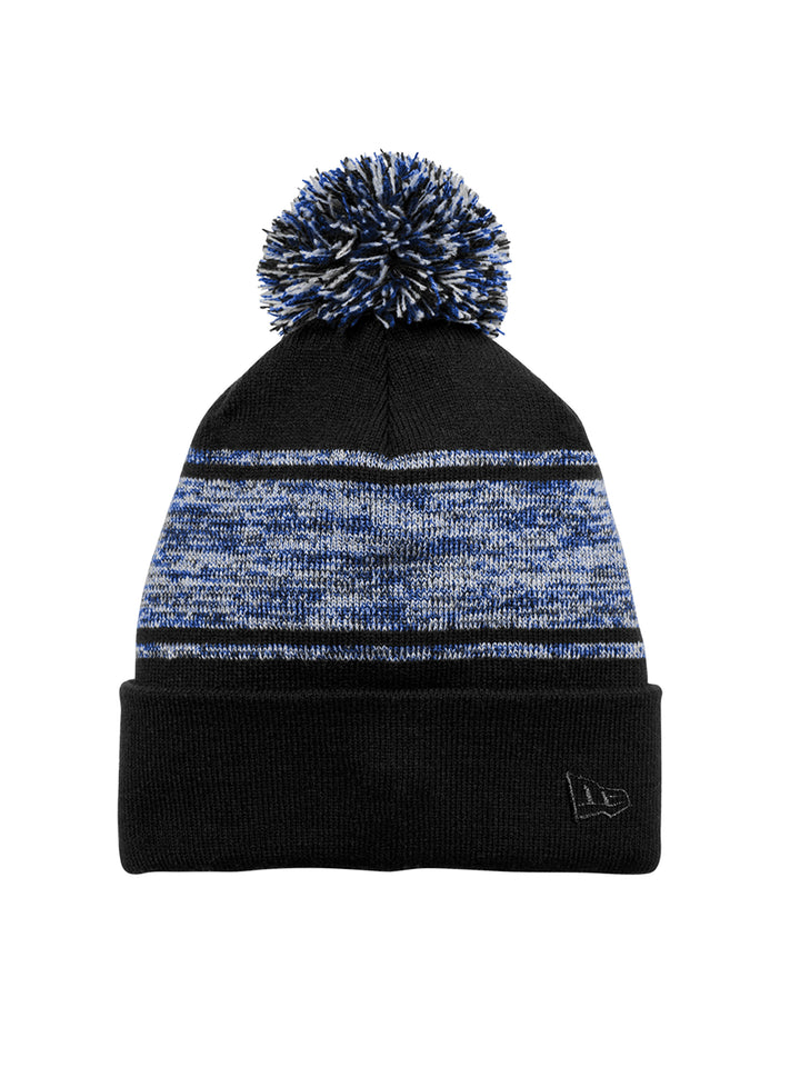 Stylish New Era® Pom Beanie NE909 in black and royal blue with a knit pattern, pom accent, and fold-over cuff. Great for warmth and customization.