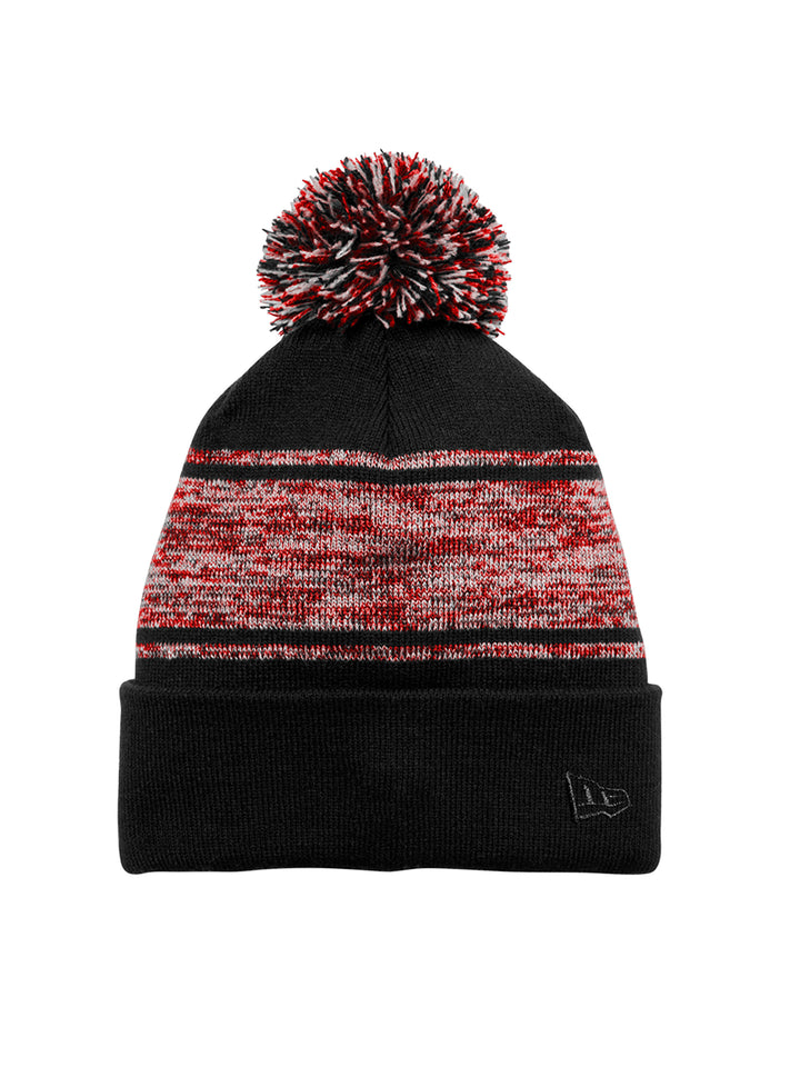 Customizable New Era® Pom Beanie NE909 in black and red, featuring a soft knit texture, pom detail, and fold-over cuff. A trendy and warm winter accessory.