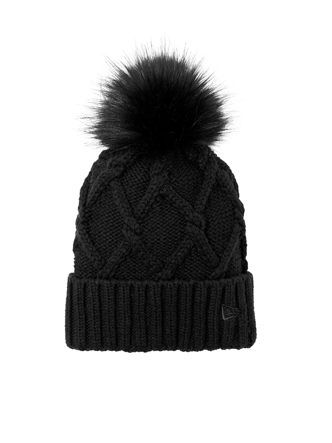 New Era® Faux Fur Pom Beanie NE911 in black with a chic cable knit pattern and plush faux fur pom. Ideal for custom embroidery and cold-weather fashion.