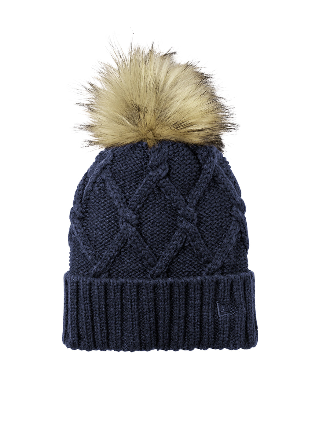 New Era® Faux Fur Pom Beanie NE911 in navy blue featuring a cozy cable knit texture and faux fur pom. Perfect for customization with embroidered logos.