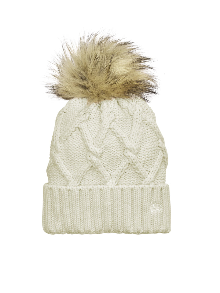 New Era® Faux Fur Pom Beanie NE911 in cream color with a stylish cable knit design and soft faux fur pom. Customizable with embroidery for a personalized touch.