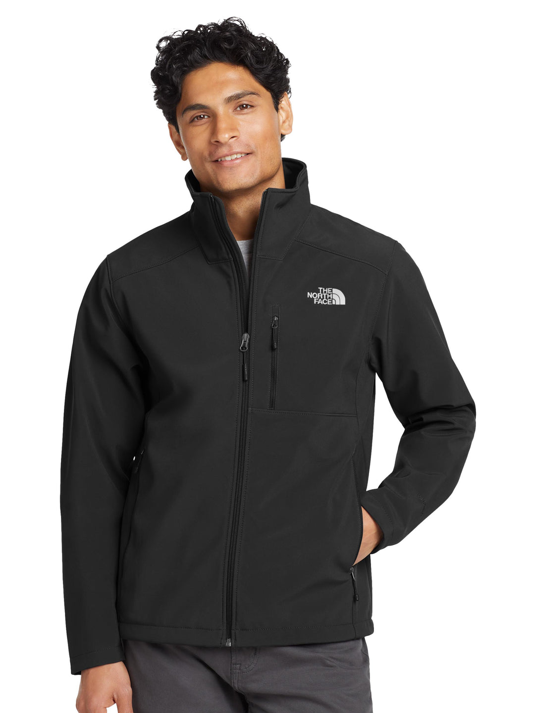 The North Face® Apex Barrier Soft Shell Jacket in black, featuring zippered chest pocket and embroidered logo, ideal for custom branding.