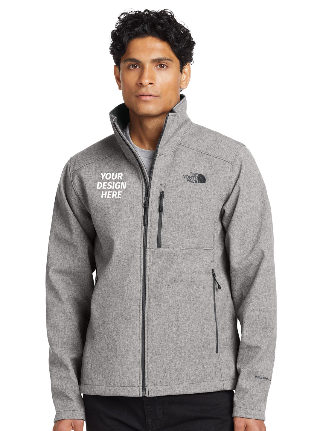 The North Face® Apex Barrier Soft Shell Jacket in heather gray with custom embroidery area on left chest, windproof and water-resistant outerwear.