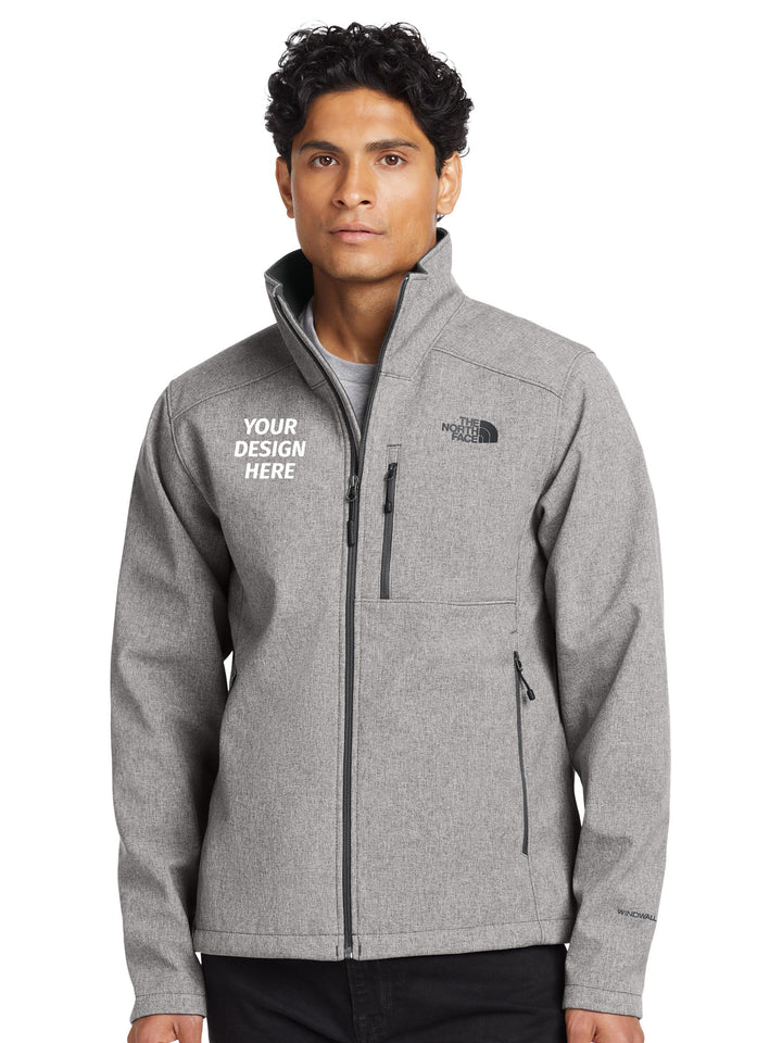 The North Face® Apex Barrier Soft Shell Jacket in heather gray with custom embroidery area on left chest, windproof and water-resistant outerwear.