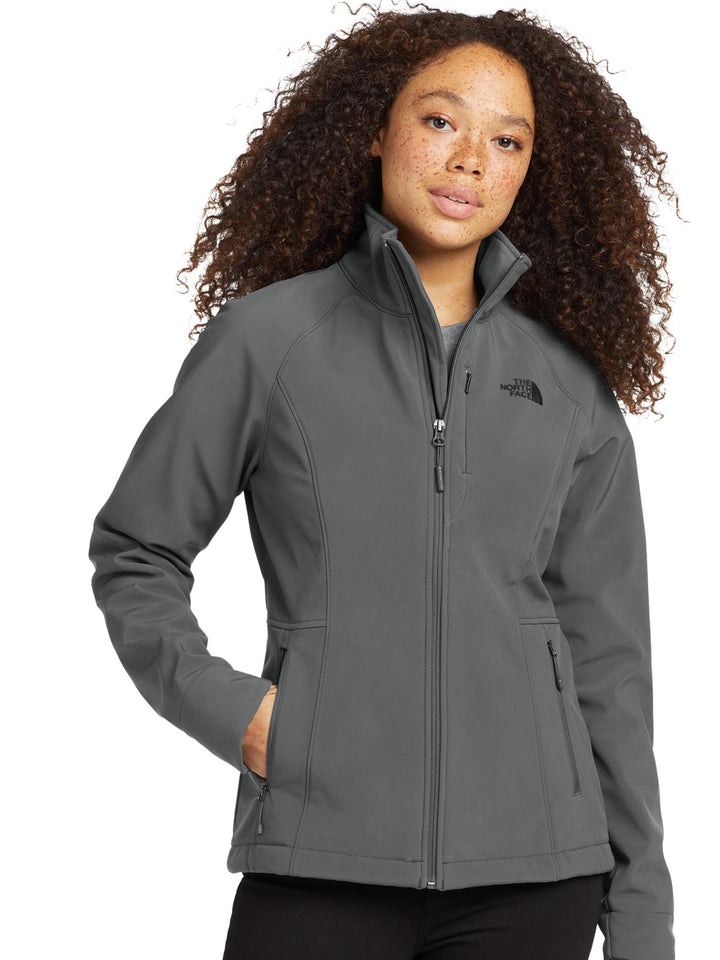 The North Face® Women's Apex Barrier Soft Shell Jacket in dark gray, designed for women with water-resistant fabric and customizable front chest.