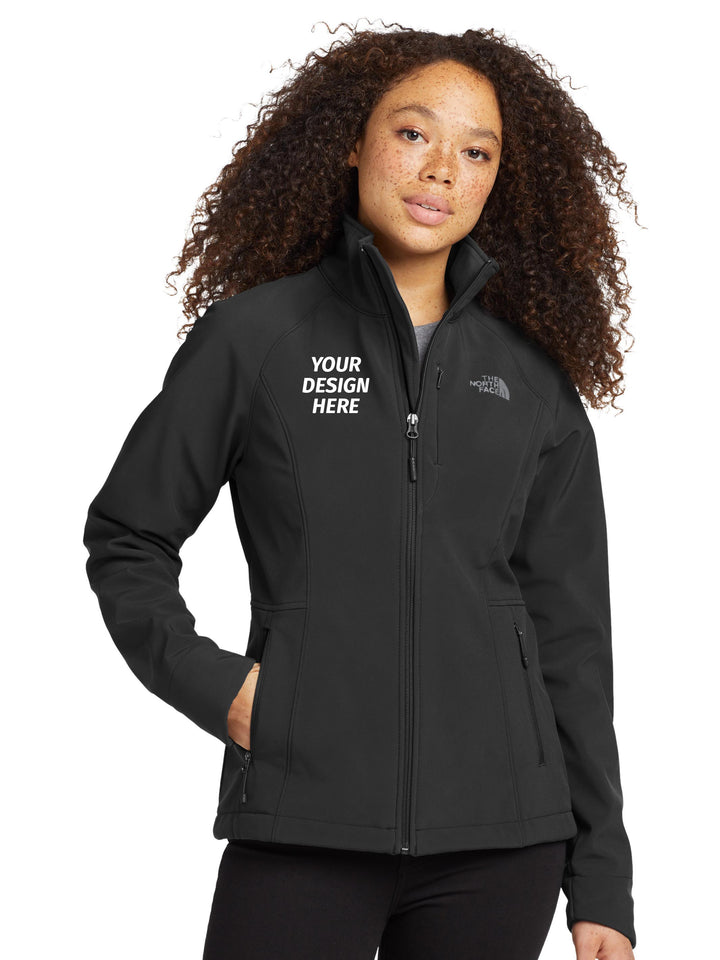 The North Face® Women's Apex Barrier Soft Shell Jacket in black with custom embroidery option on left chest, ideal for work or team branding.