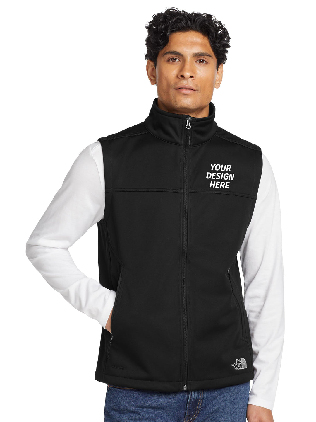 The North Face® Ridgewall Soft Shell Vest in black with custom embroidery placement on left chest, ideal for corporate wear and branding.